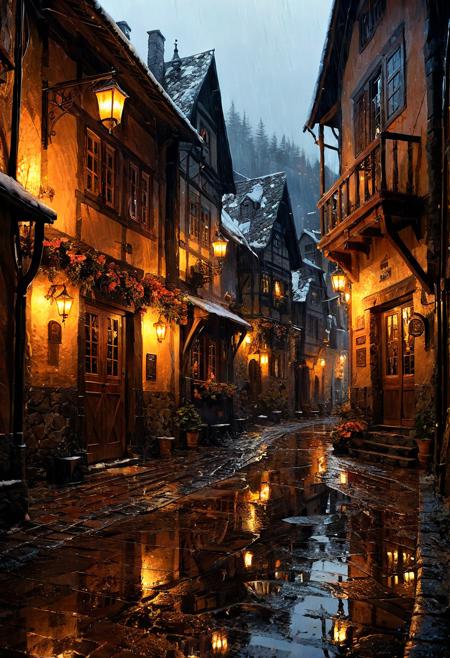 TheAramintaExperiment_Cv6_illustration by Basil Gogos and Daniel Gerhartz, charming tavern in a street alley, medieval village, rain, moody, reflections in water puddles, cold light in the background mixed with the warm light _20240706185907_0001.png